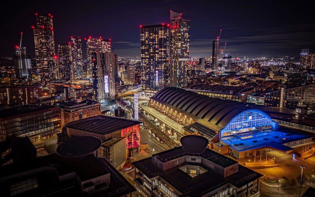 Rooftop bar nightlife with a city skyline view
